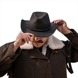 Black Leather Cowboy <b>Hat</b> with Braided <b>Band</b> and Adjustable Fit for Adults Male Casual Travel Winter Style - Product Image 5