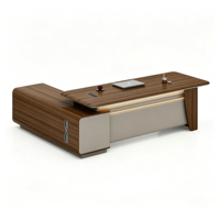 Bureau de direction moderne de luxe en forme de L avec bande lumineuse LED et tiroirs, poste de travail en bois pour PDG avec armoire latérale