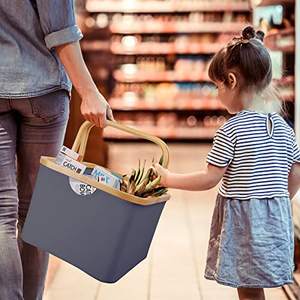 Grand panier de rangement avec poignées pliables en bambou, boîte de rangement en tissu Oxford pour pique-nique, courses, rangement de voiture, rectangulaire - Product Image 4