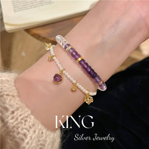 Ensemble collier et bracelet en argent S925 plaqué or avec perle et améthyste, charme étoile, bijoux pour femmes à porter tous les jours - Product Image 4