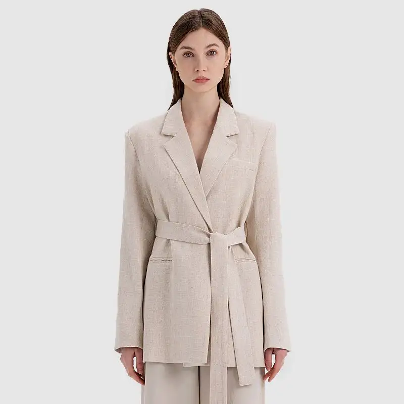 Custom Apparel Spring Fashion Formal Loose Suit Jacket OEM ODM Ladies Oversized Straight Cut Beige Linen Blazer For Women