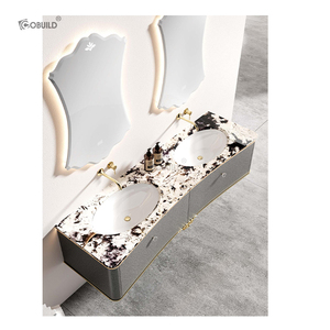 Grand lavabo double de luxe pour salle de bain meuble de toilette moderne en bois massif comptoir intégral en <span class=keywords><strong>dalle</strong></span> suspendu au mur gris meuble mural - Product Image 2