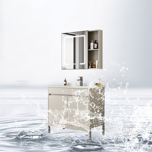 Cream Style Modern Floor Standing Water Resistant Aluminum Bathroom Cabinet Set with Integrated Ceramic Wash Basin Vanity Combo - Product Image 2
