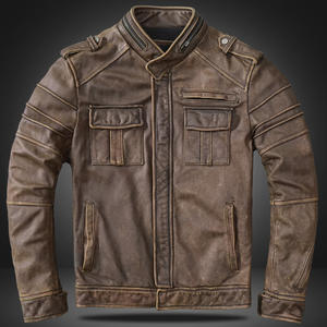 <b>Men's</b> Genuine Leather Motorcycle <b>Jacket</b> Stand Collar Zipper Closure Moto <b>Biker</b> Style Autumn Wear - Product Image 4