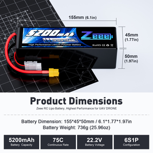 Zeee FPV Drone <span class=keywords><strong>6S</strong></span> Lipo แบตเตอรี่5200mAh 75C 22.2V พร้อมปลั๊ก XT60สำหรับแบตเตอรี่ FPV Lipo/แบตเตอรี่โดรน - Product Image 2
