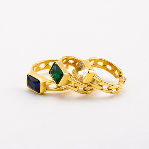 yunnique Fashion <b>Rings</b> Geometric Gold Plated Cuban Chain <b>Open</b> <b>Ring</b> With Blue Green Transparent Stone Bezel Setting Jewelry Gift - Product Image 1