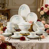 Blaues Blumenmuster 58-Teiliges Jingdezhen Weißes Jade-Keramik-Geschirrset |   Premium 10-Personen Geschirrset