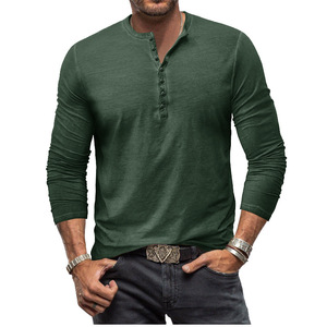T-shirt Henley da uomo slim-fit vintage a maniche lunghe 180g in puro cotone traspirante, lavata e effetto distressed, con bottoni, per il commercio estero - Product Image 4