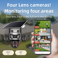 Caméra de sécurité solaire V380PRO à quatre objectifs 4G WiFi PTZ 8W avec zoom 8X, IP66, AOV, veille 355°, panoramique 90°, surveillance