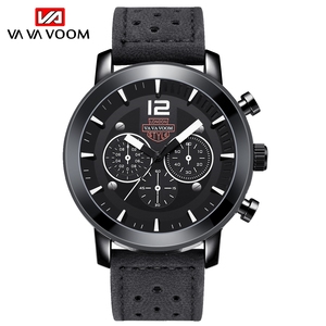 Rugged Mens British Style <b>Watch</b> Chronograph Black <b>Case</b> Perforated Leather Strap Wristwatch - Product Image 1
