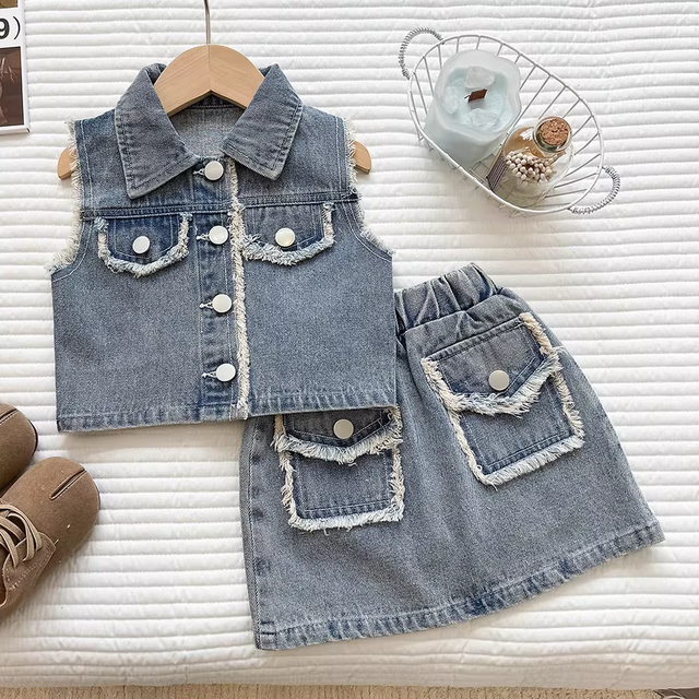 2026 New Arrival Trendy Vintage Boutique Toddler Chic 2Pcs Outfits Breathable Polyester/Cotton Sleeveless Girls Denim Dot Summer