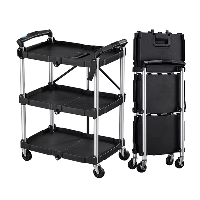 Multifunctional Folding 3 Layer Cart Flat Cart Auto Repair Tools Storage Cart Warehouse Factory Transportation Handling Trolley