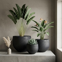 Ensemble de 3 jardinières en béton GRC faites à la main, couleur charbon de bois, texture pierre brute, pour projets résidentiels et commerciaux