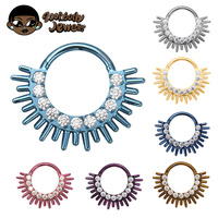 Anneau segmenté articulé en titane ASTM F136 CZ motif rayons de soleil pour septum, nez, daith, cartilage, bijoux de piercing d'oreille