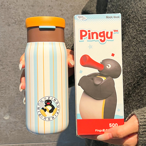 Bouteille isotherme OOWOV Cartoon Pingu 500ml en acier inoxydable avec couvercle et paille, idéale pour les cadeaux et comme gobelet pour enfants - Product Image 1