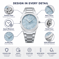Montre pour homme avec logo personnalisé, bracelet intégré en acier inoxydable de luxe, cadran texturé bleu glacé, lunette octogonale, ultra-fine, quartz, 5 ATM