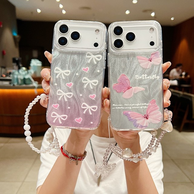 In Stock INS Style IMD Design Phone case for iPhone 17 Case Butterfly Phone case for iPhone 16 15 14 13 12 11 with Bracelet