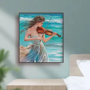 Kết cấu dày chơi Violin cô gái sofa nền trang trí phòng ngủ vẽ tay sơn dầu trang trí nhà sang trọng