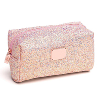 Pochette de maquillage en cuir PU rose tendance, logo personnalisé, pochette cosmétique, fermeture éclair avec fil pailleté, organiseur de toilette pour femmes, voyage