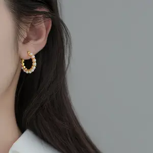 Fashion Jewelry 925 Sterling Silver Pearl Earrings Round Big Circle Pearls Gold Plated Hook Hoop Earrings Women Luxury