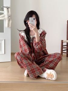Red <strong>Nightgown</strong> Vintage Lace Trim Collar <strong>Plaid</strong> Pajamas Long-sleeved Sweet Nightdress Cute Princess Wind Sleepwear