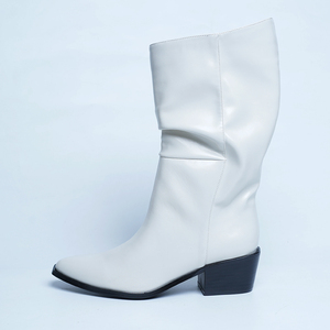 Luxury <strong>Women</strong> White <strong>Leather</strong> Pointed Toe square Heel New Styles Wide Calf <strong>Boot</strong> - Product Image 1