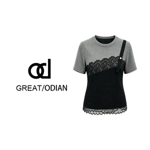 T-shirt élégant à manches courtes pour femme, color block, avec dentelle et design asymétrique, pour usage quotidien - Product Image 1
