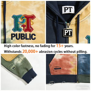Sudadera con capucha para hombre ODM/OEM de moda, personalizada, con teñido anudado, bordado plano, estilo vintage, bloques de color, cremallera y efecto desgastado - Product Image 2