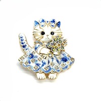 Broche animale en porcelaine bleue et blanche, émail et strass, motif chat et dragon, bijou