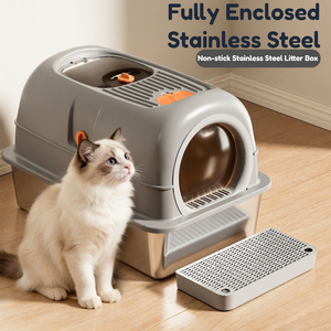 Caja de arena para gatos de acero inoxidable completamente cerrada, diseño antisalpicaduras de lados altos, inodoro para gatos de interior con pala grande de regalo - Product Image 1
