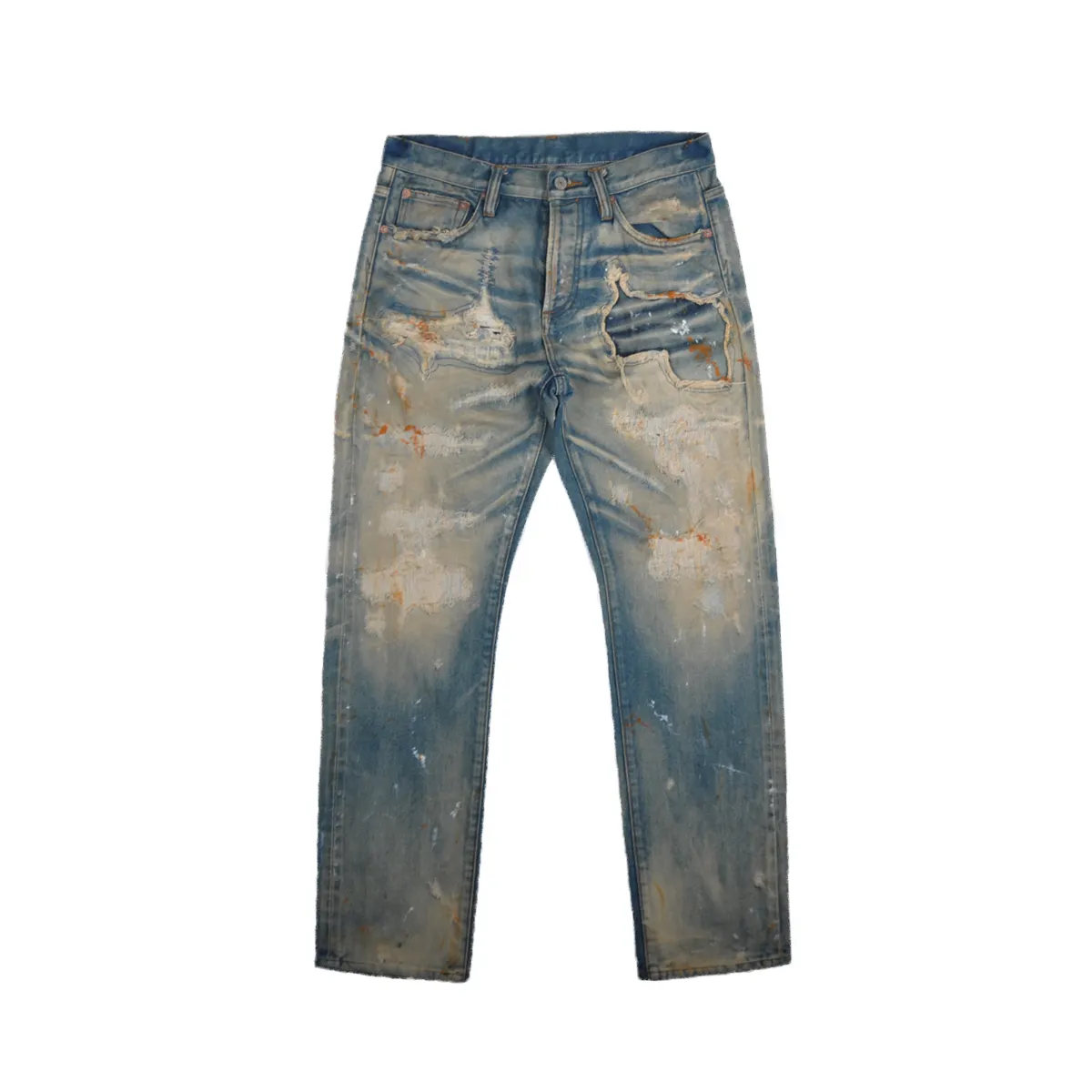 Men's erosion large patch hole splicing paint used washed red ear jeans 16oz Rotten jeans