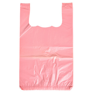 Borsa Shopping Monouso Rosa a Forma di T-shirt in HDPE con Stampa Verde Serigrafica e Chiusura Termosaldata - Product Image 1