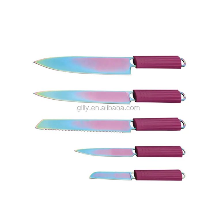 Hạnh Phúc đầu bếp lớp phủ titan sang trọng thép không gỉ Knife Set với Silicone xử lý dao kéo nhà bếp Quà Tặng