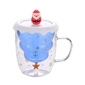 Offre Spéciale nouvelle tasse en verre créative de Noël avec couvercle tasse à café en verre isolée à double couche