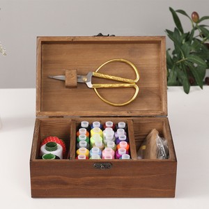 Solid Wood <b>Sewing</b> Tool Box Square Portable With Flip Lid Retro Style Storage <b>Set</b> For Needlework - Product Image 3