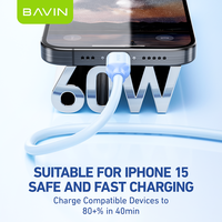 Câble de charge rapide pour téléphone Android de type C BAVIN CB306 60w, compatible avec iPhone 15 Pro Max