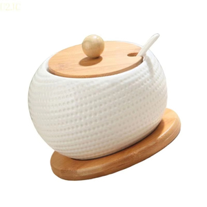 Botes de cilindro de cerámica de cocina con estilo hecho a mano U2JC con tapas de bambú tarro de almacenamiento de especias - Product Image 4