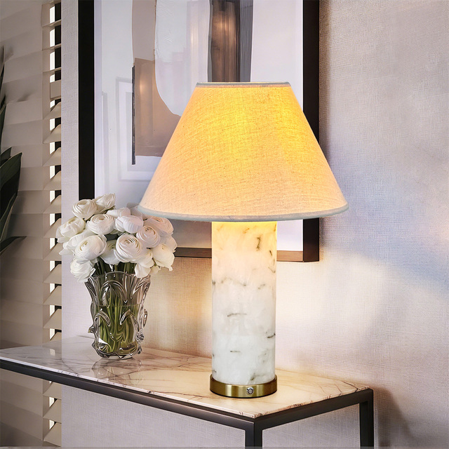 Designer Portable Table Lamp with Linen Shade Cordless Touch Dimmable Marble Desk Light Fixture for Bedroom Bedside Restaurant