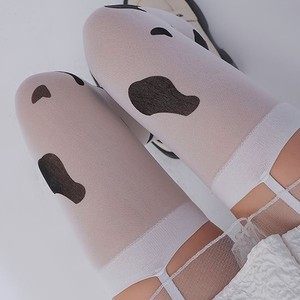 Women's Cow Pattern Thigh High Stockings 15D Thin Japanese Style Suspender Socks White Polka Dots - Product Image 1