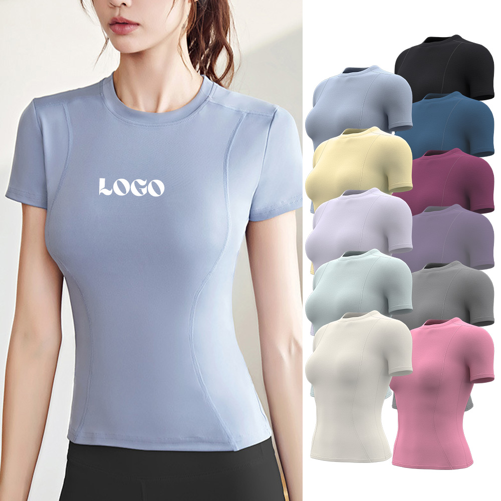OEM Custom Women's Fitness Running Workout Yoga Tops Quick Dry Gym Active Wear Crew Neck Slim Fit Waist Short Sleeve T-Shirts