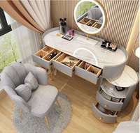 Coiffeuse de luxe ronde en pin massif avec miroir LED, grand coffre de rangement, station de maquillage moderne pour chambre à coucher