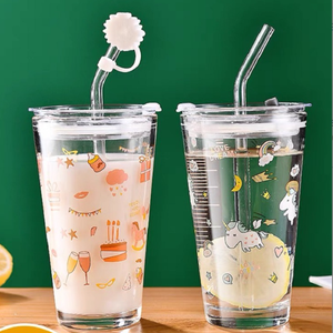 Mignon 400ml 13.5oz Échelle Tasse À Eau Enfants Tasse À Lait En Verre Avec Paille En Silicone et Couvercle Bouteille En Verre - Product Image 1