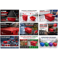 Bac de rangement en plastique rouge JOIN avec couvercle intégré et roulettes, conteneur roulant robuste empilable de 85 L