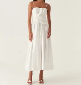 Bayanlar için yüksek kaliteli sürdürülebilir keten kolsuz elbise askı beyaz rahat yaz elbisesi