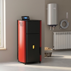 Poêle à granulés rouge et noir avec affichage numérique, système <span class=keywords><strong>de</strong></span> chauffage pour <span class=keywords><strong>radiateur</strong></span> et réservoir d'eau - Product Image 2