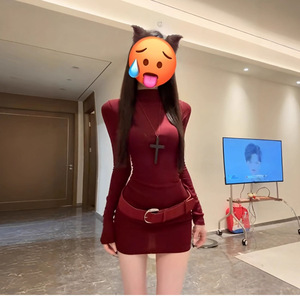 Korean Style Sexy High Neck Red Long Sleeve Bodycon Dress Turtleneck Tight Fit Short Skirt For Autumn City Commuting - Product Image 1