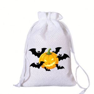 Sac en toile de jute pour fête d'Halloween 13x18cm, sac en lin à cordon, pochette citrouille effrayante, idéal pour décorations d'Halloween, emballage de bonbons et badges - Product Image 6
