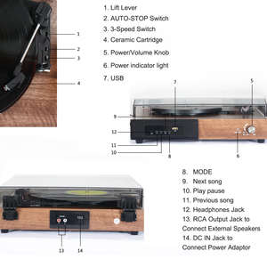 Tocadiscos de Vinilo Estéreo Retro de Madera de Nogal con Altavoces Externos, Reproductor de Discos de 3 Velocidades con Bluetooth para el Hogar, Sala de Estar - Product Image 6