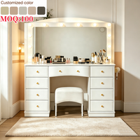 En gros Coiffeuse moderne blanche pour hôtel avec miroir LED, 9 tiroirs et tabouret rembourré, mobilier de chambre