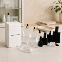 Flacon compte-gouttes en verre givré carré et rectangulaire plat réutilisable de 30 ml, 50 ml, 100 ml avec boîtes en papier pour huile capillaire et sérum